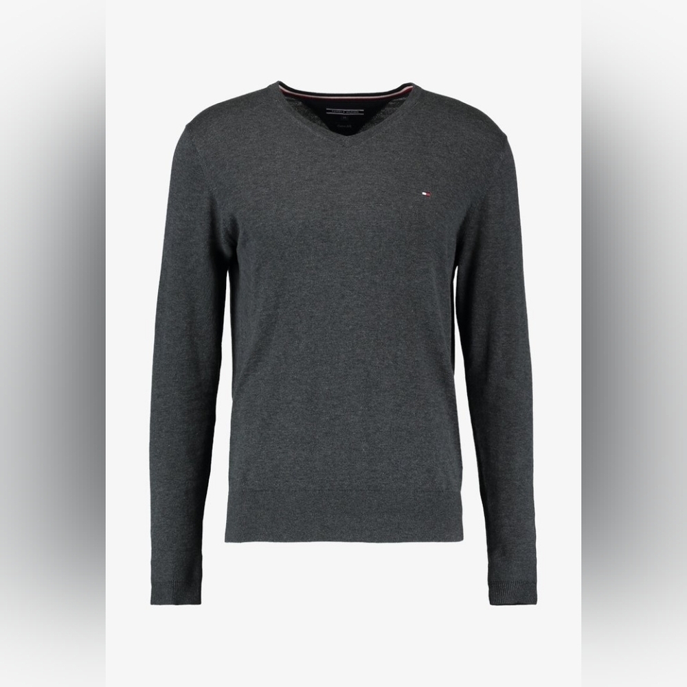 Tommy Hilfiger Mens Gray V-Neck Sweater Long Sleeve Classic Preppy Y2K Medium